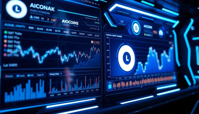 Professional financial analyst reviewing real-time aicoin charts on a modern digital screen to