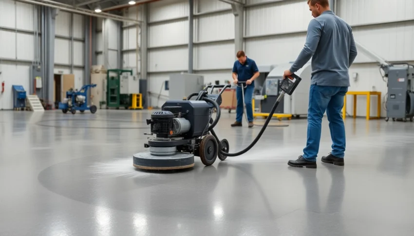Concrete grinding Birmingham team polishing industrial floor with advanced equipment for smooth